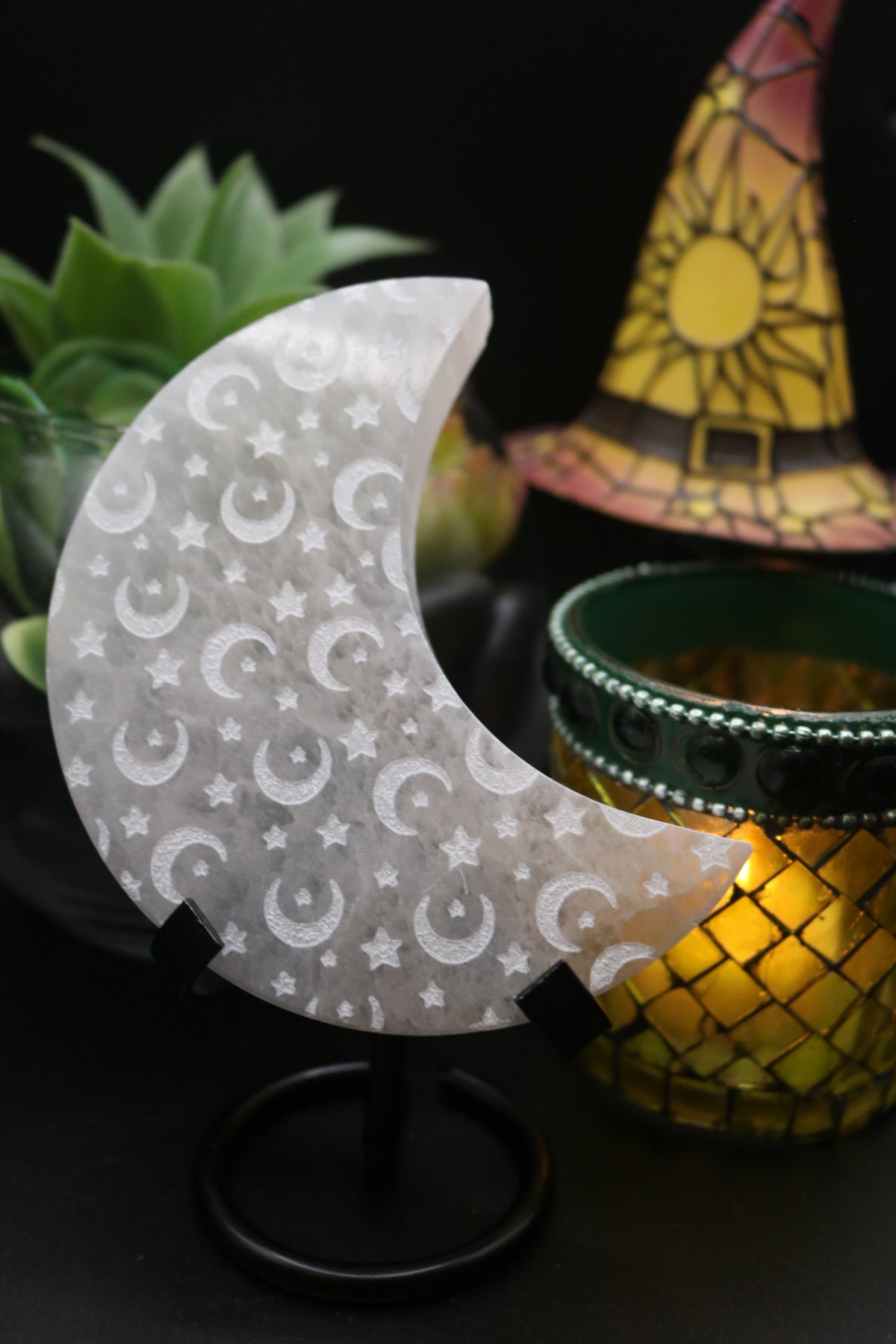 White Selenite Etched Moon Carving