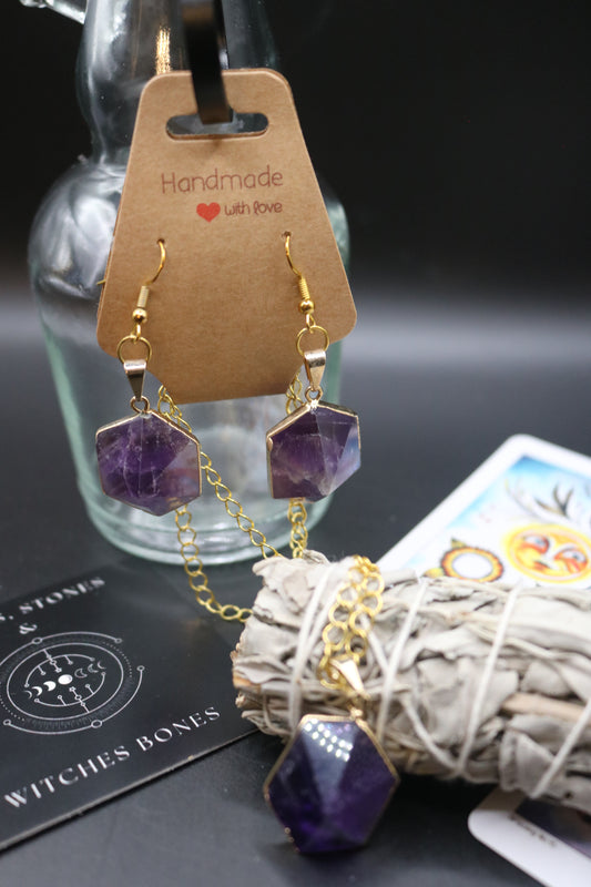 Amethyst Hexagon Earrings and Necklace Set