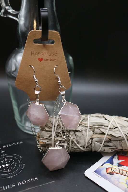 Rose Quartz Hexagon Earrings and Necklace Set