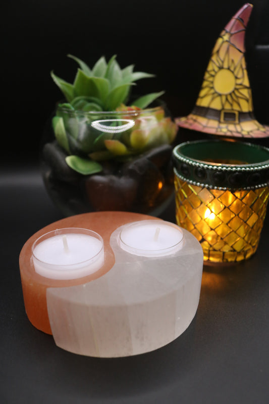 Peach and White Selenite Ying Yang Candle Holder